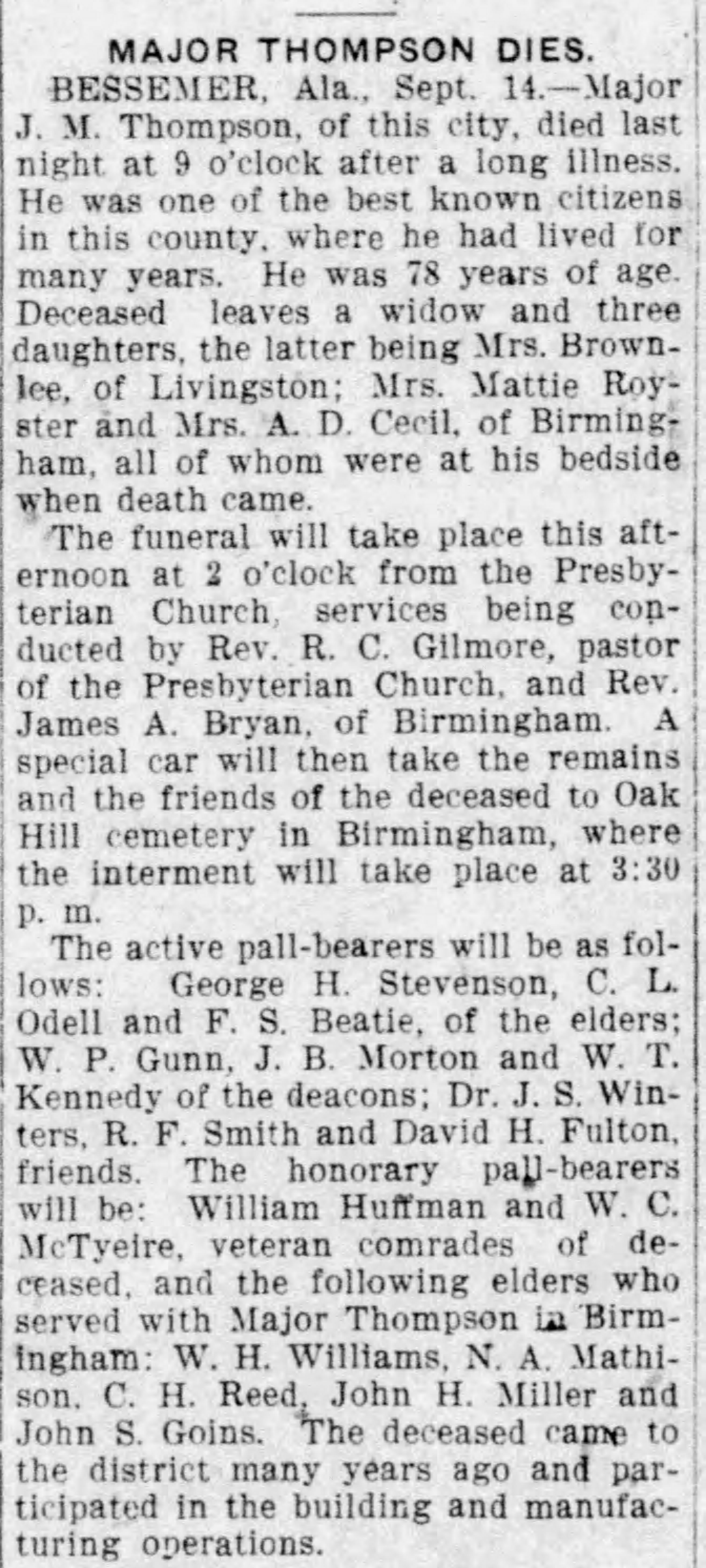 Major J.M. Thompson obituary